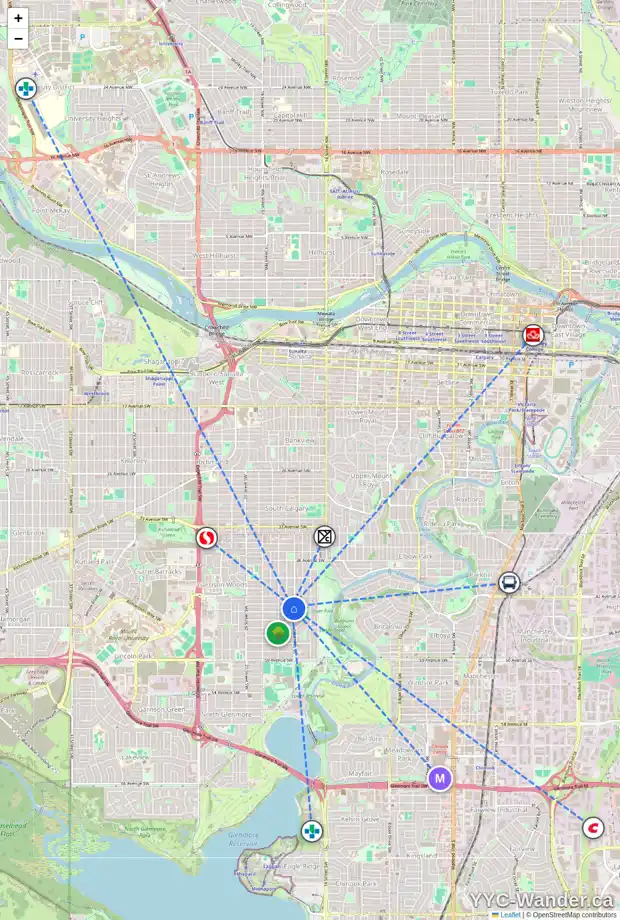 Daily accessibility map for 4409 16 ST SW, Calgary showing nearby schools, grocery stores, parks, LRT stations and nearby amenities