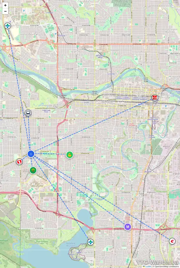 Daily accessibility map for 3409 RICHMOND RD SW, Calgary showing nearby schools, grocery stores, parks, LRT stations and nearby amenities