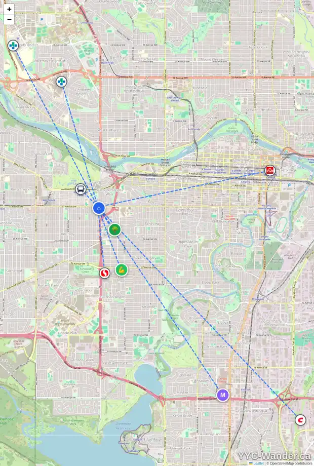 Daily accessibility map for 1902 24A ST SW, Calgary showing nearby schools, grocery stores, parks, LRT stations and nearby amenities