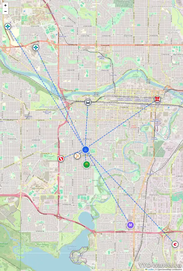 Daily accessibility map for 1735 30 AV SW, Calgary showing nearby schools, grocery stores, parks, LRT stations and nearby amenities