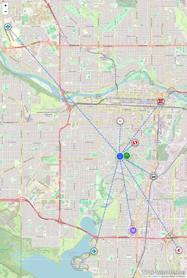 Daily accessibility map for 3229 7 ST SW, Calgary showing nearby schools, grocery stores, parks, LRT stations and nearby amenities