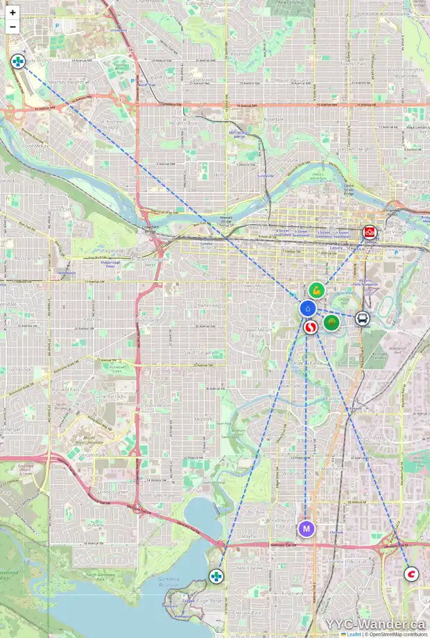 Daily accessibility map for 538 22 AV SW, Calgary showing nearby schools, grocery stores, parks, LRT stations and nearby amenities