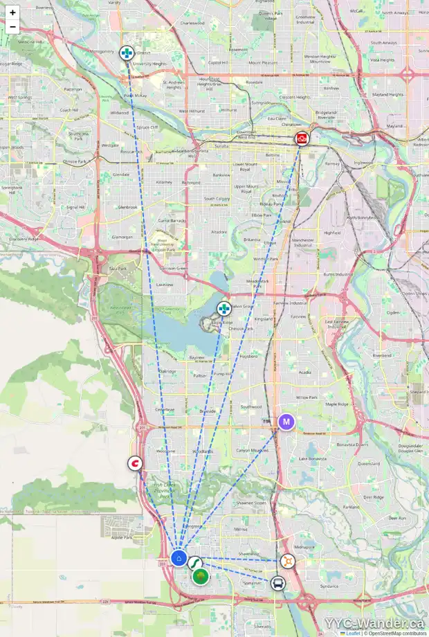 Daily accessibility map for 408 2635 EVERSYDE AV SW, Calgary showing nearby schools, grocery stores, parks, LRT stations and nearby amenities