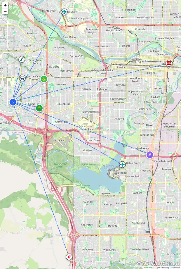 Daily accessibility map for 38 ELMONT CV SW, Calgary showing nearby schools, grocery stores, parks, LRT stations and nearby amenities