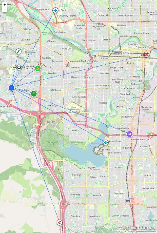 Daily accessibility map for 10 ELMONT CV SW, Calgary showing nearby schools, grocery stores, parks, LRT stations and nearby amenities