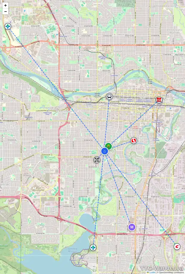 Daily accessibility map for 3017 CARLETON ST SW, Calgary showing nearby schools, grocery stores, parks, LRT stations and nearby amenities