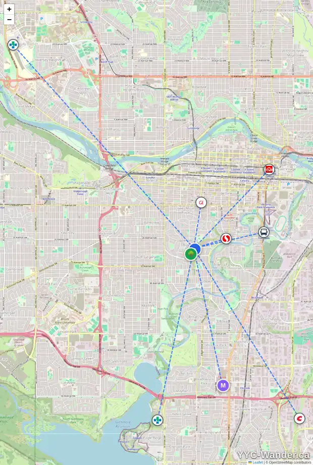Daily accessibility map for 2902 MARQUETTE ST SW, Calgary showing nearby schools, grocery stores, parks, LRT stations and nearby amenities