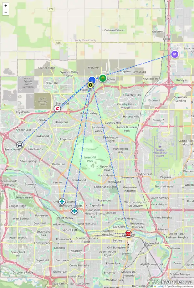 Daily accessibility map for 66 EVANSCREST RD NW, Calgary showing nearby schools, grocery stores, parks, LRT stations and nearby amenities