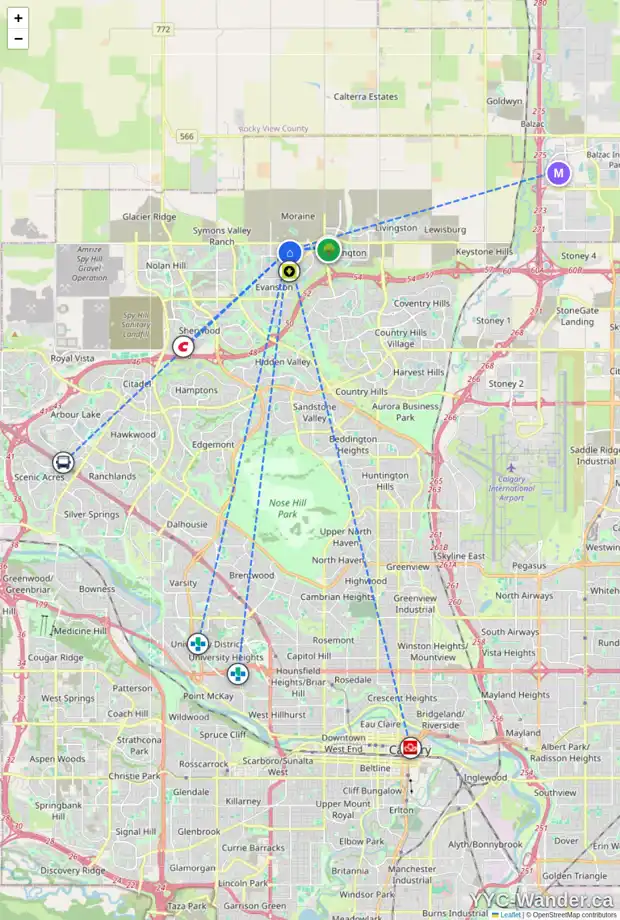 Daily accessibility map for 158 EVANSCREST RD NW, Calgary showing nearby schools, grocery stores, parks, LRT stations and nearby amenities