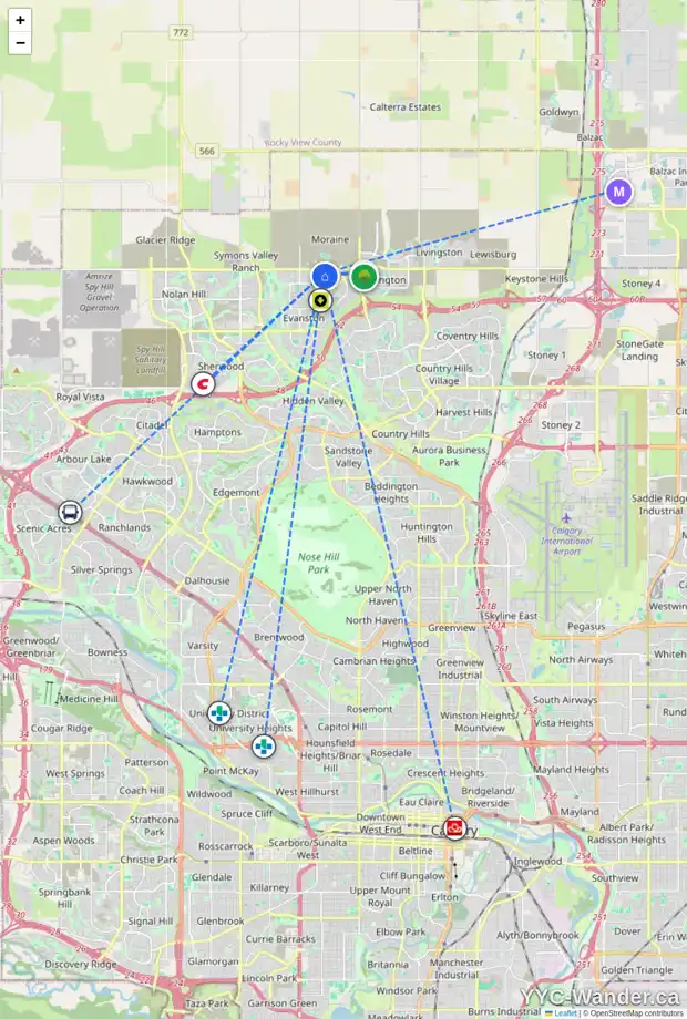 Daily accessibility map for 37 EVANSCREST PL NW, Calgary showing nearby schools, grocery stores, parks, LRT stations and nearby amenities