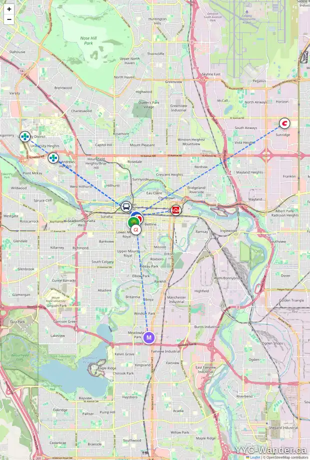 Daily accessibility map for 1605 901 10 AV SW, Calgary showing nearby schools, grocery stores, parks, LRT stations and nearby amenities