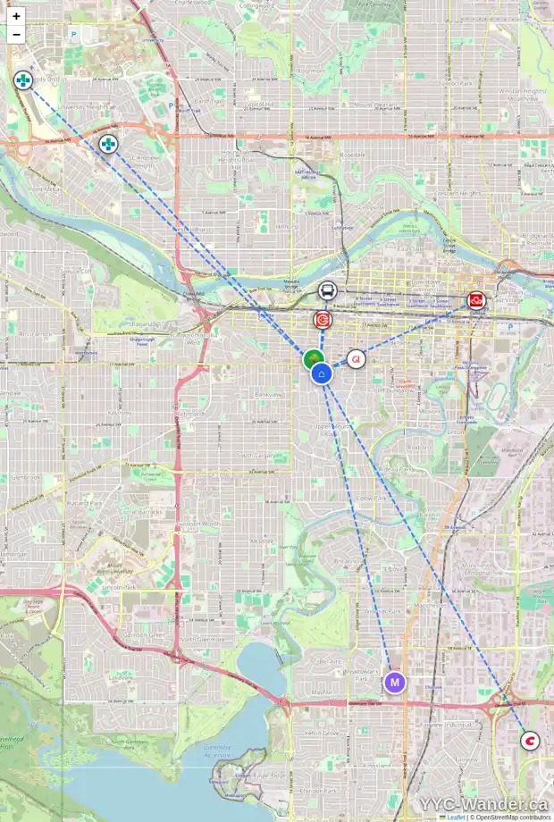 Daily accessibility map for 1723 10A ST SW, Calgary showing nearby schools, grocery stores, parks, LRT stations and nearby amenities