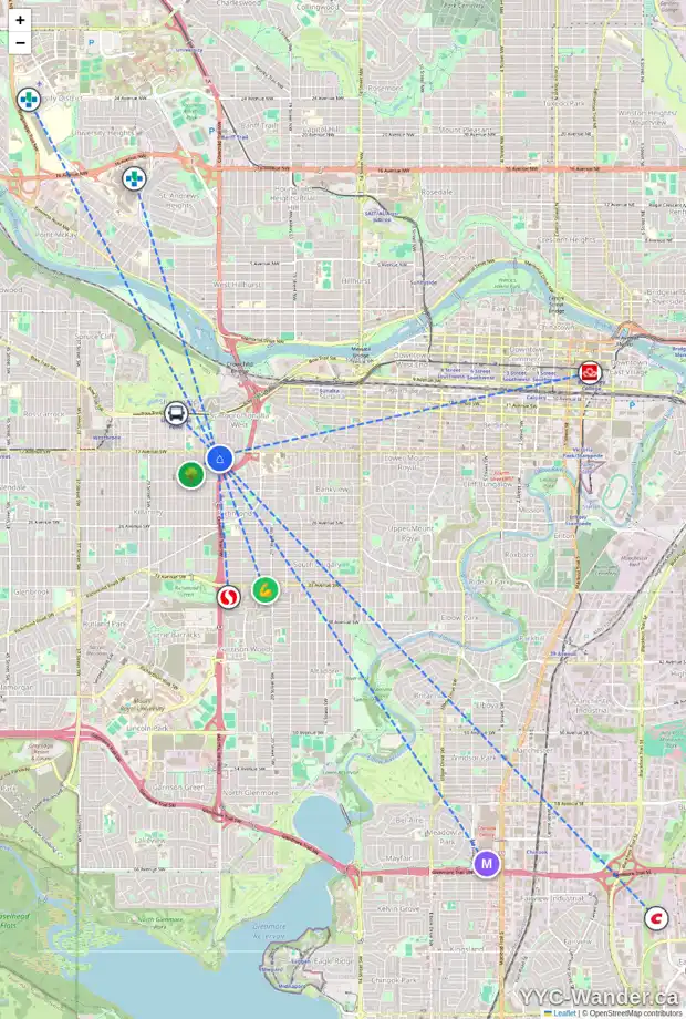 Daily accessibility map for 2 1913 24 ST SW, Calgary showing nearby schools, grocery stores, parks, LRT stations and nearby amenities