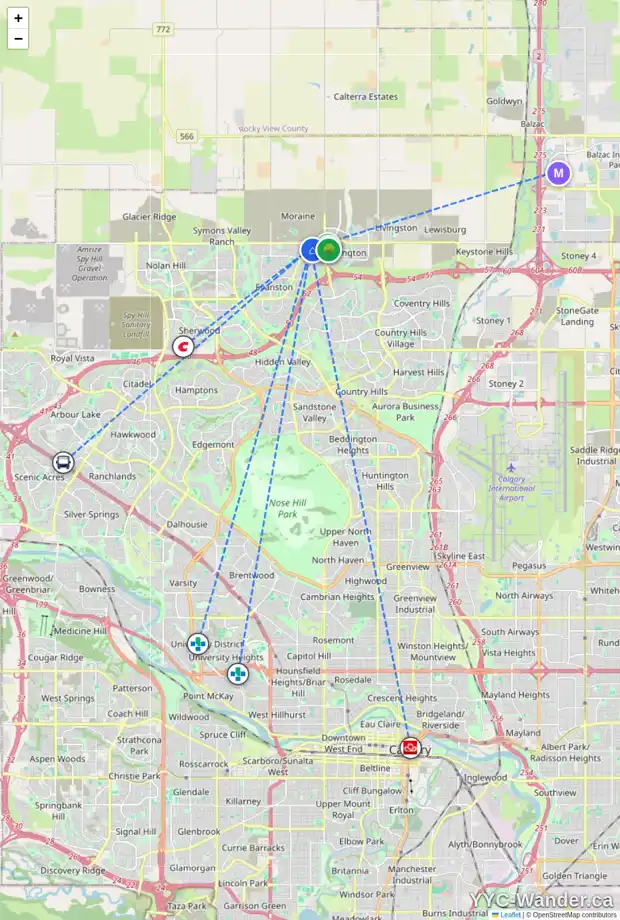 Daily accessibility map for 6 EVANSCREST GD NW, Calgary showing nearby schools, grocery stores, parks, LRT stations and nearby amenities