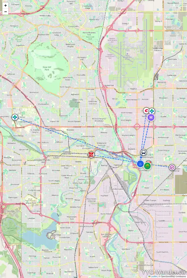 Daily accessibility map for 2641B 15 AV SE, Calgary showing nearby schools, grocery stores, parks, LRT stations and nearby amenities