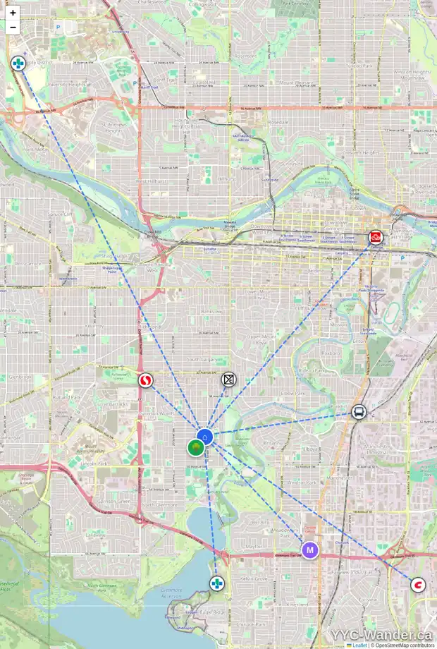 Daily accessibility map for 4512 16A ST SW, Calgary showing nearby schools, grocery stores, parks, LRT stations and nearby amenities