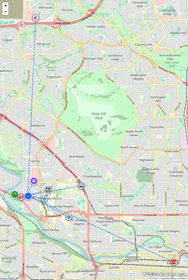 Daily accessibility map for 4829 20 AV NW, Calgary showing nearby schools, grocery stores, parks, LRT stations and nearby amenities