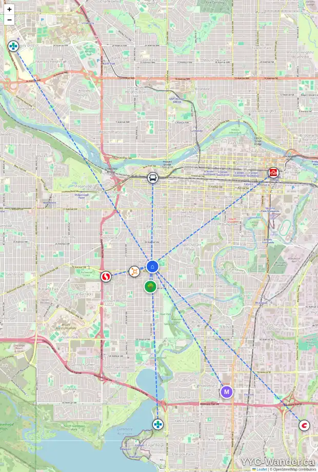 Daily accessibility map for 1712 32 AV SW, Calgary showing nearby schools, grocery stores, parks, LRT stations and nearby amenities