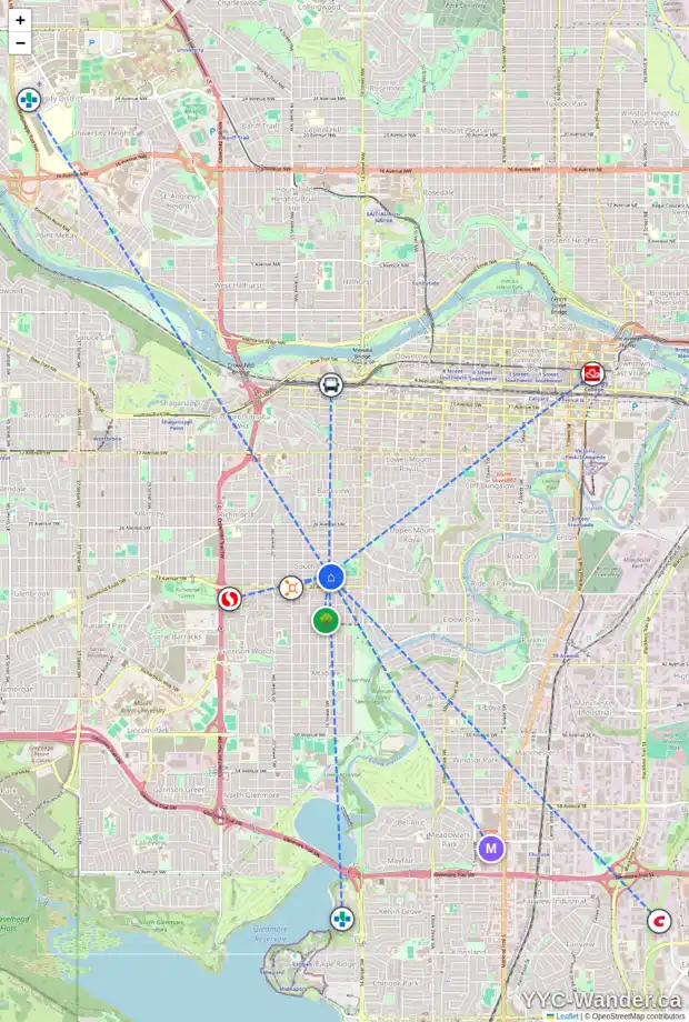 Daily accessibility map for 1710 32 AV SW, Calgary showing nearby schools, grocery stores, parks, LRT stations and nearby amenities
