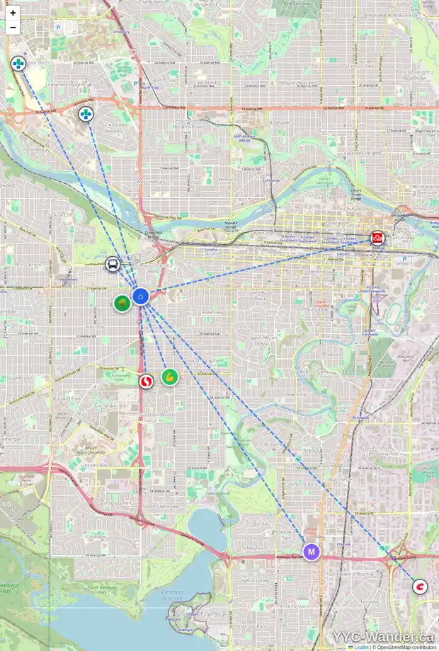 Daily accessibility map for 1 1929 24 ST SW, Calgary showing nearby schools, grocery stores, parks, LRT stations and nearby amenities