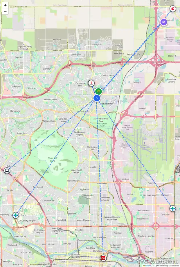 Daily accessibility map for 27 HARVEST OAK CI NE, Calgary showing nearby schools, grocery stores, parks, LRT stations and nearby amenities