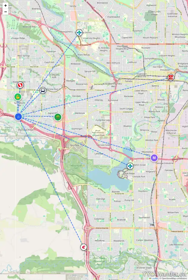 Daily accessibility map for 15 SPRING GLEN VW SW, Calgary showing nearby schools, grocery stores, parks, LRT stations and nearby amenities