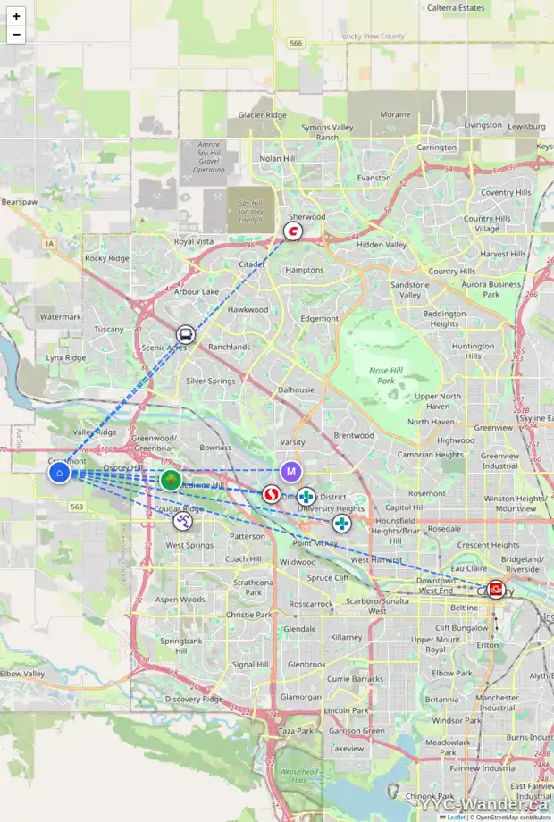Daily accessibility map for 119 CRESTRIDGE VW SW, Calgary showing nearby schools, grocery stores, parks, LRT stations and nearby amenities