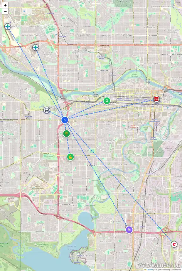 Daily accessibility map for 1743 22 ST SW, Calgary showing nearby schools, grocery stores, parks, LRT stations and nearby amenities