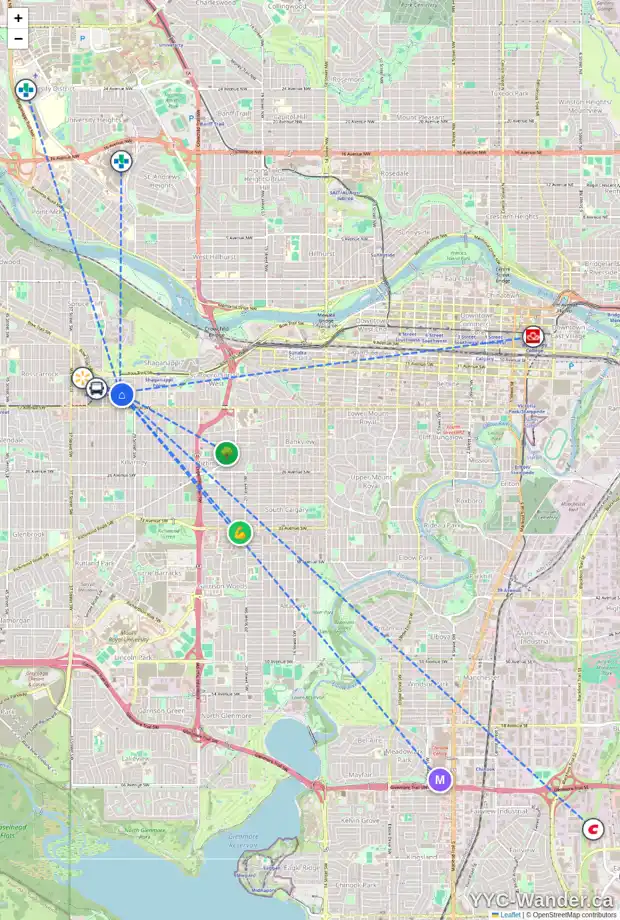 Daily accessibility map for 1708 31 ST SW, Calgary showing nearby schools, grocery stores, parks, LRT stations and nearby amenities