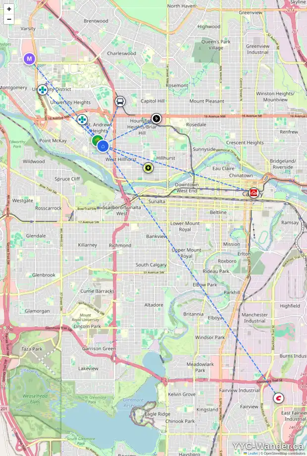 Daily accessibility map for 2708 7 AV NW, Calgary showing nearby schools, grocery stores, parks, LRT stations and nearby amenities