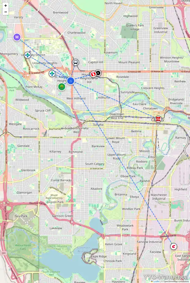 Daily accessibility map for 1323 UNIVERSITY DR NW, Calgary showing nearby schools, grocery stores, parks, LRT stations and nearby amenities