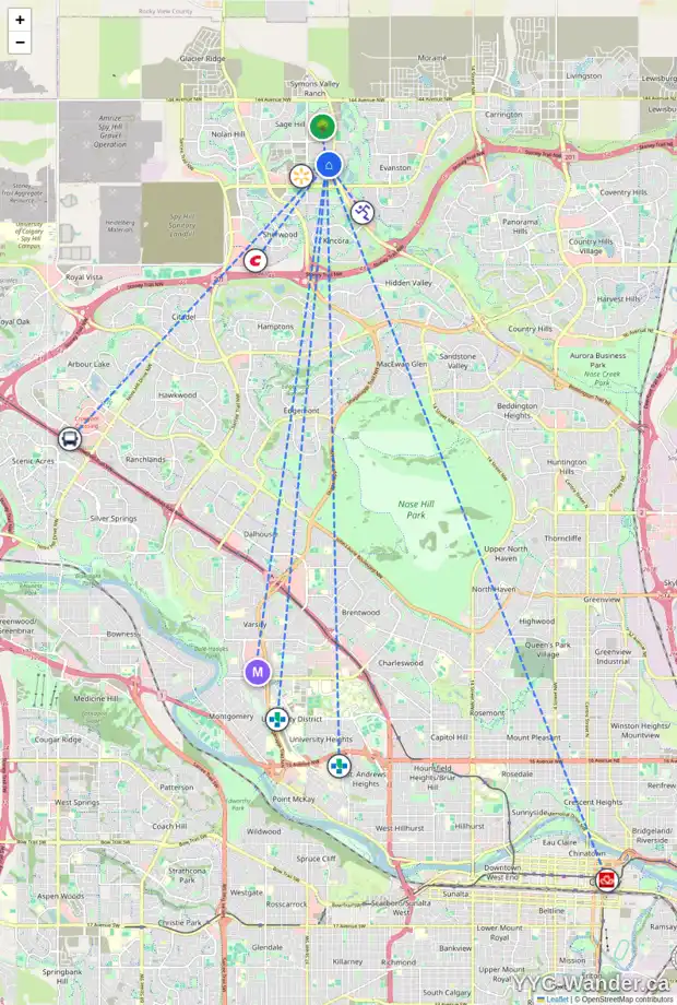 Daily accessibility map for 255 SAGE HILL GV NW, Calgary showing nearby schools, grocery stores, parks, LRT stations and nearby amenities