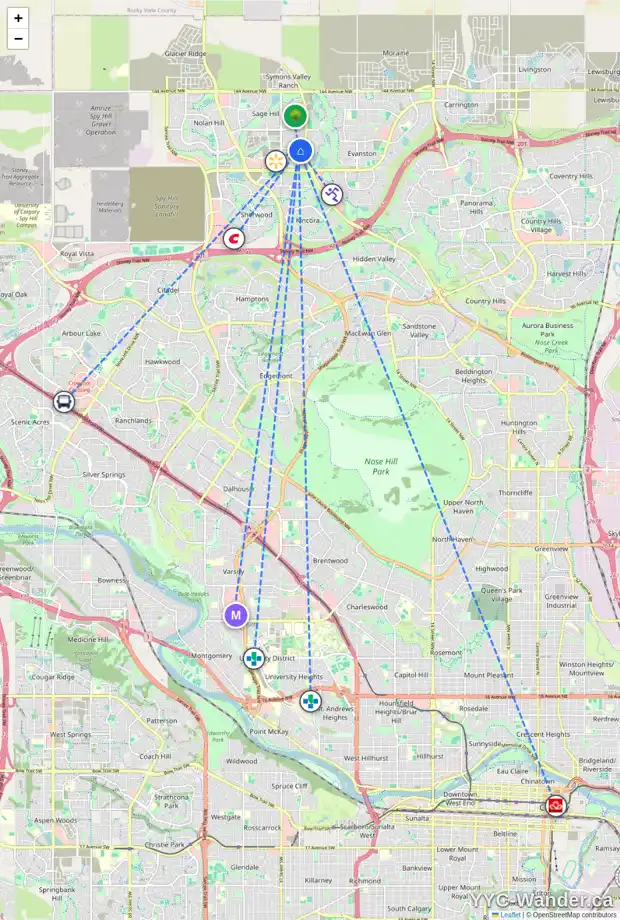 Daily accessibility map for 401 SAGE HILL GV NW, Calgary showing nearby schools, grocery stores, parks, LRT stations and nearby amenities