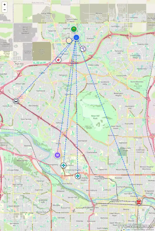 Daily accessibility map for 132 SAGE HILL GV NW, Calgary showing nearby schools, grocery stores, parks, LRT stations and nearby amenities