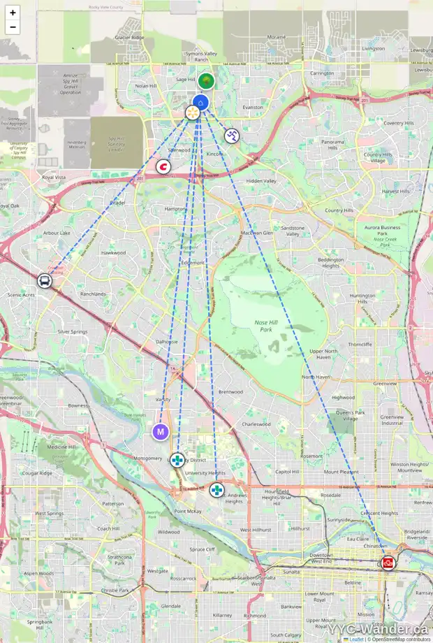 Daily accessibility map for 1221 SAGE HILL GV NW, Calgary showing nearby schools, grocery stores, parks, LRT stations and nearby amenities