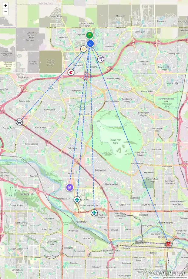 Daily accessibility map for 516 SAGE HILL GV NW, Calgary showing nearby schools, grocery stores, parks, LRT stations and nearby amenities