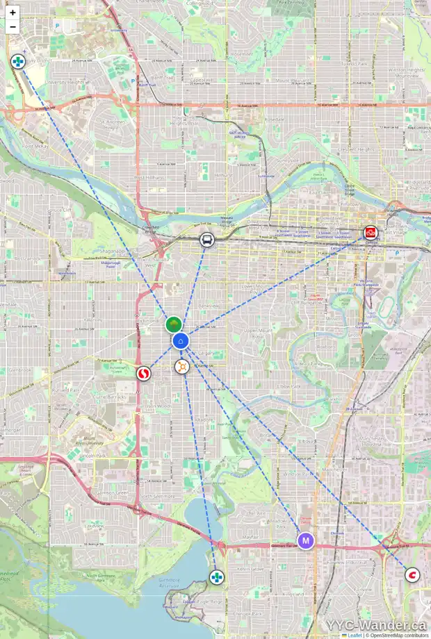 Daily accessibility map for 2901 19 ST SW, Calgary showing nearby schools, grocery stores, parks, LRT stations and nearby amenities