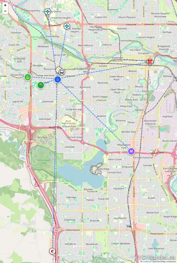 Daily accessibility map for 3707 19 AV SW, Calgary showing nearby schools, grocery stores, parks, LRT stations and nearby amenities