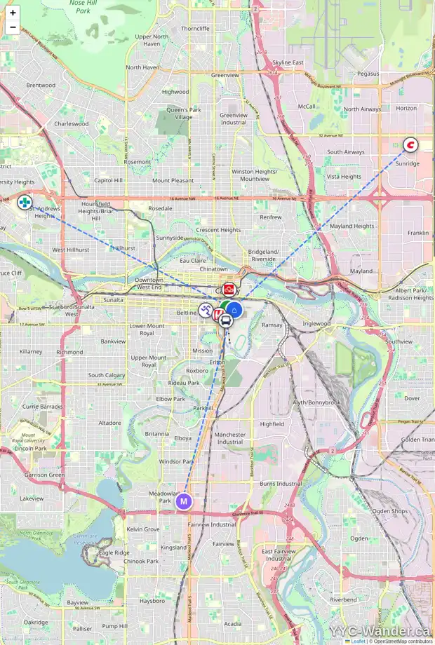 Daily accessibility map for 1506 1188 3 ST SE, Calgary showing nearby schools, grocery stores, parks, LRT stations and nearby amenities