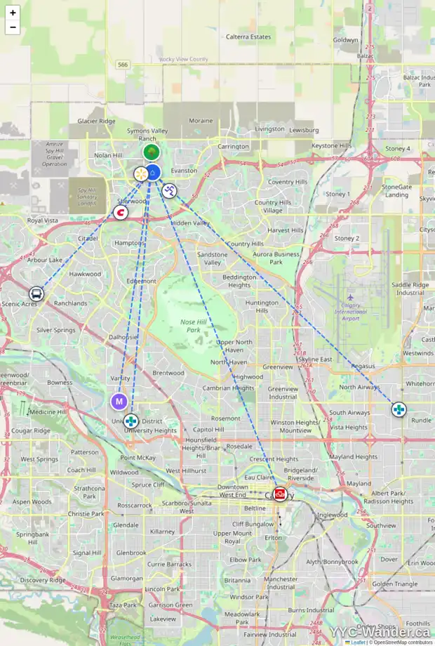 Daily accessibility map for 307 16 SAGE HILL TC NW, Calgary showing nearby schools, grocery stores, parks, LRT stations and nearby amenities