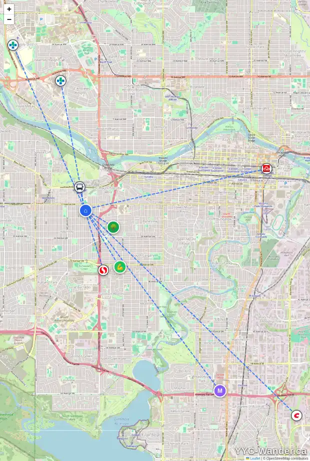 Daily accessibility map for 1 1934 26 ST SW, Calgary showing nearby schools, grocery stores, parks, LRT stations and nearby amenities