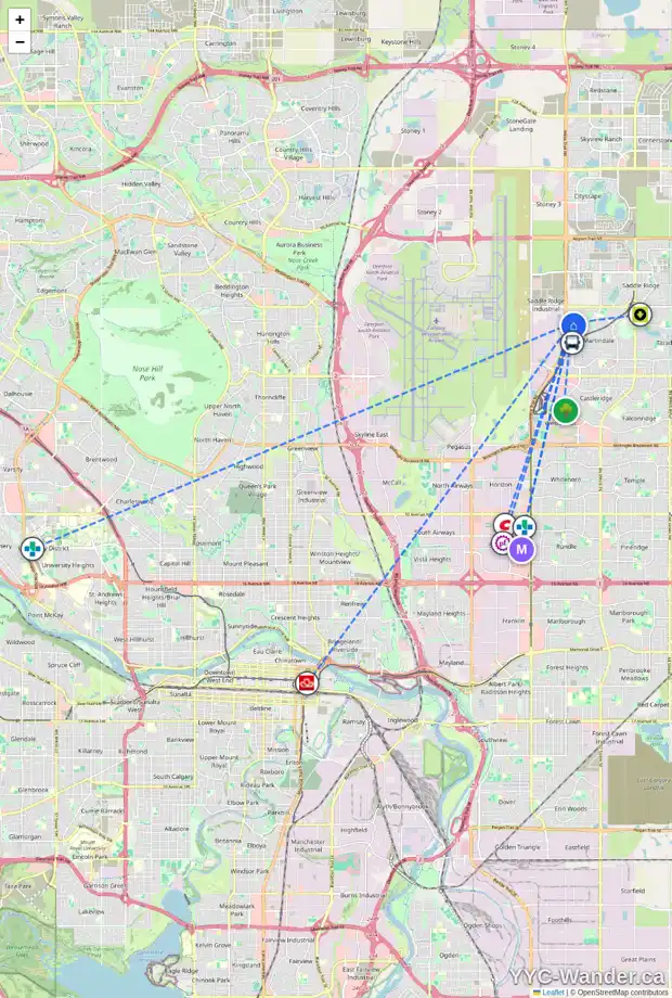 Daily accessibility map for 209 7707 MARTHA'S HAVEN PA NE, Calgary showing nearby schools, grocery stores, parks, LRT stations and nearby amenities