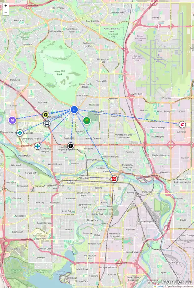 Daily accessibility map for 1628 CAYUGA DR NW, Calgary showing nearby schools, grocery stores, parks, LRT stations and nearby amenities