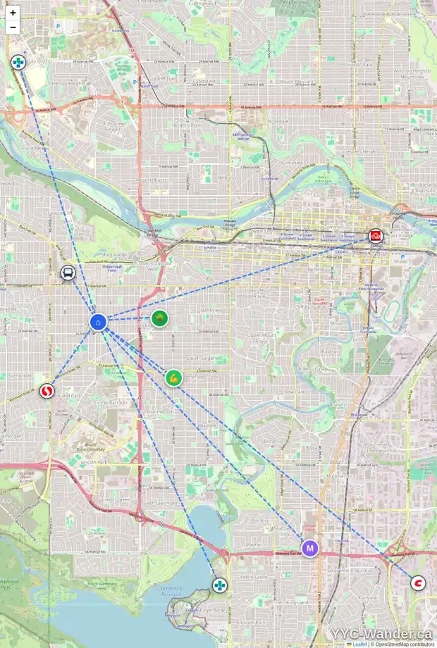 Daily accessibility map for 2 2428 29 ST SW, Calgary showing nearby schools, grocery stores, parks, LRT stations and nearby amenities