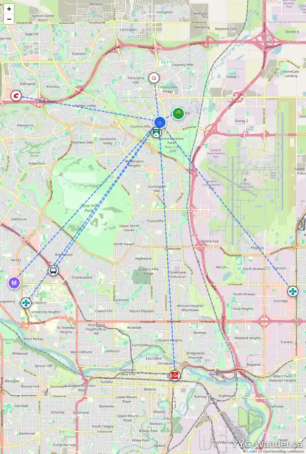Daily accessibility map for 1151 COUNTRY HILLS CI NW, Calgary showing nearby schools, grocery stores, parks, LRT stations and nearby amenities