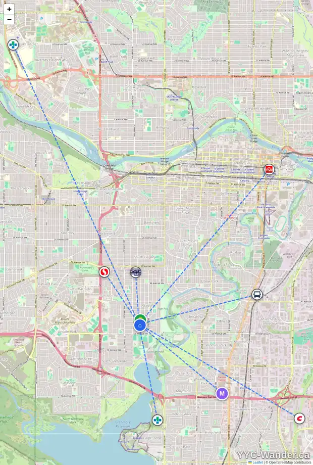 Daily accessibility map for 1908 48 AV SW, Calgary showing nearby schools, grocery stores, parks, LRT stations and nearby amenities