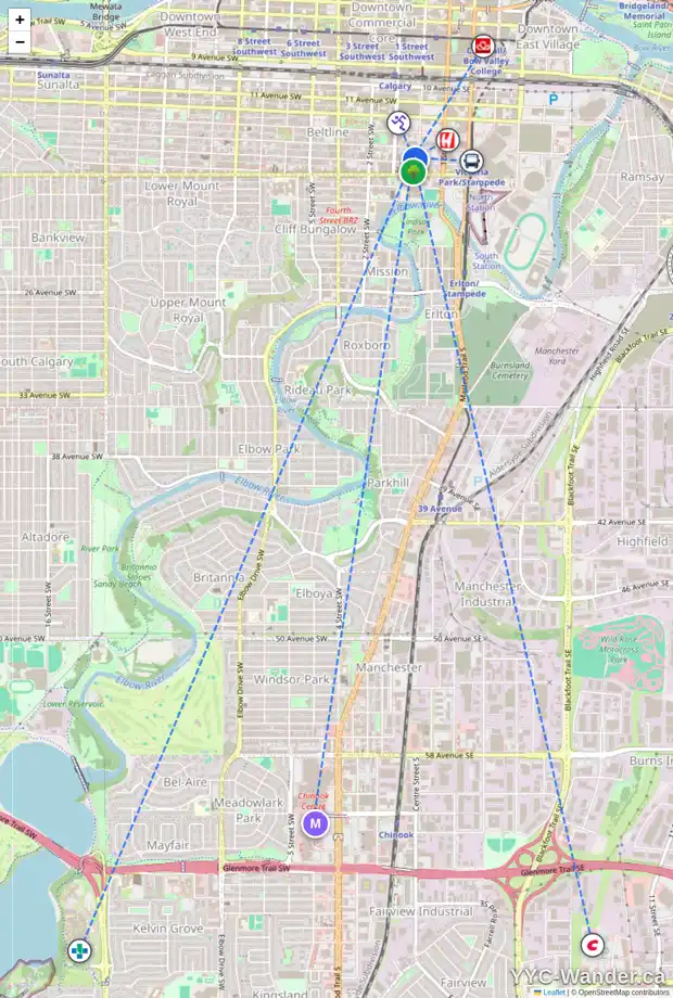 Daily accessibility map for 202 114 15 AV SW, Calgary showing nearby schools, grocery stores, parks, LRT stations and nearby amenities