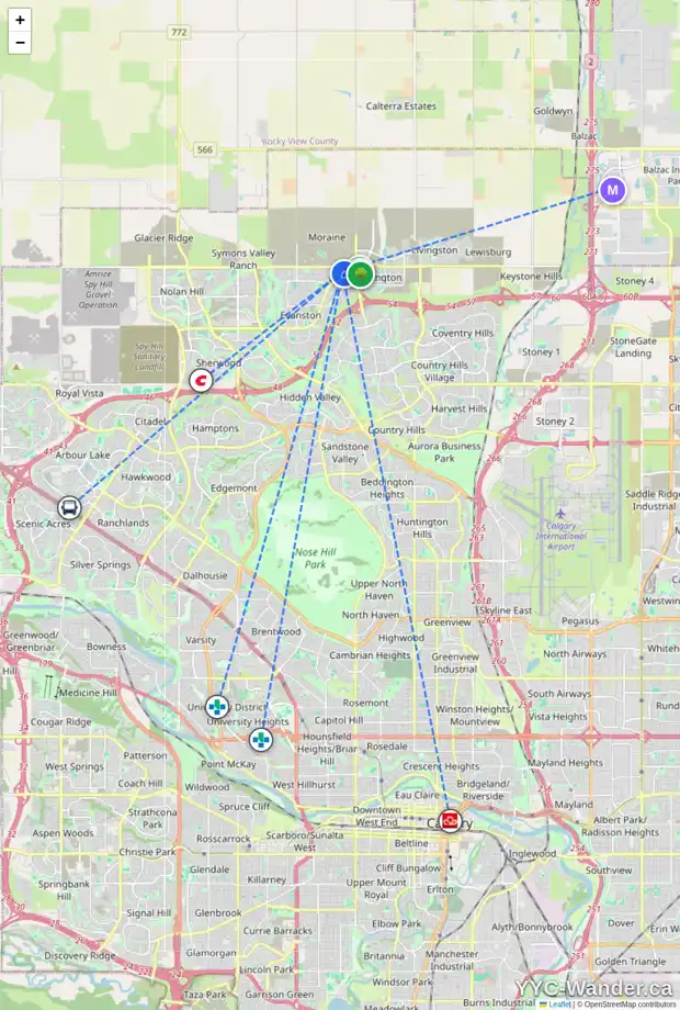 Daily accessibility map for 33 EVANSCREST CO NW, Calgary showing nearby schools, grocery stores, parks, LRT stations and nearby amenities