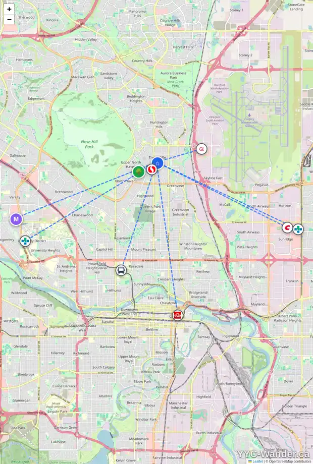 Daily accessibility map for 407 HAWTHORN DR NW, Calgary showing nearby schools, grocery stores, parks, LRT stations and nearby amenities
