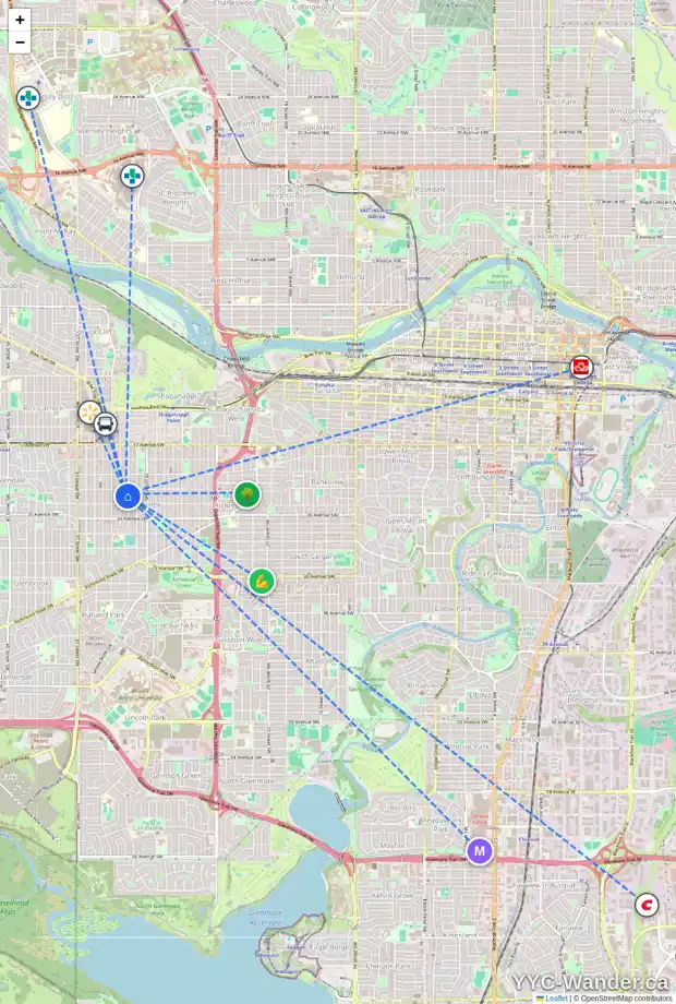 Daily accessibility map for 2415 31 ST SW, Calgary showing nearby schools, grocery stores, parks, LRT stations and nearby amenities
